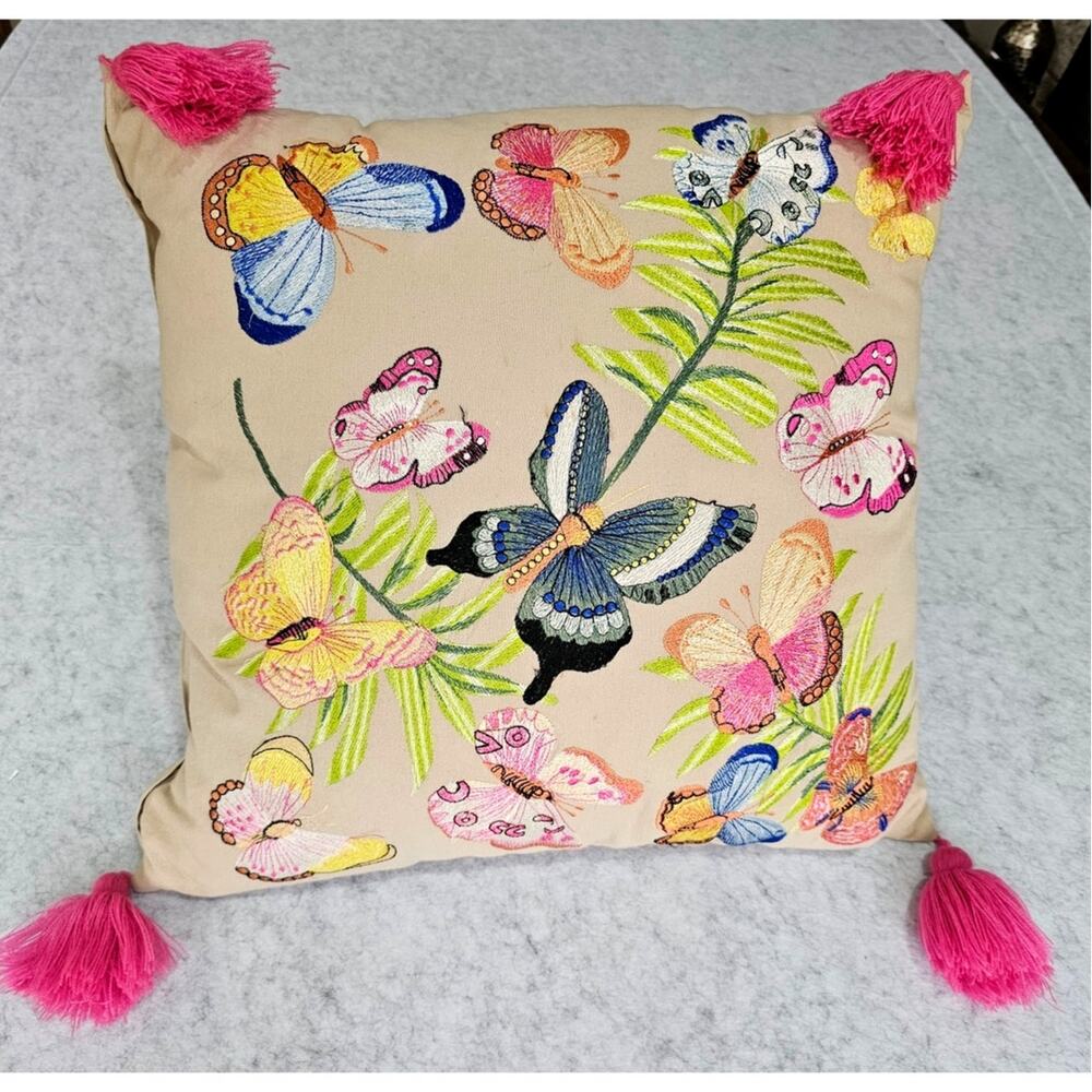 Magaschoni Home Embroidered Butterfly Throw Pillow, Pink Tassels, 18x18